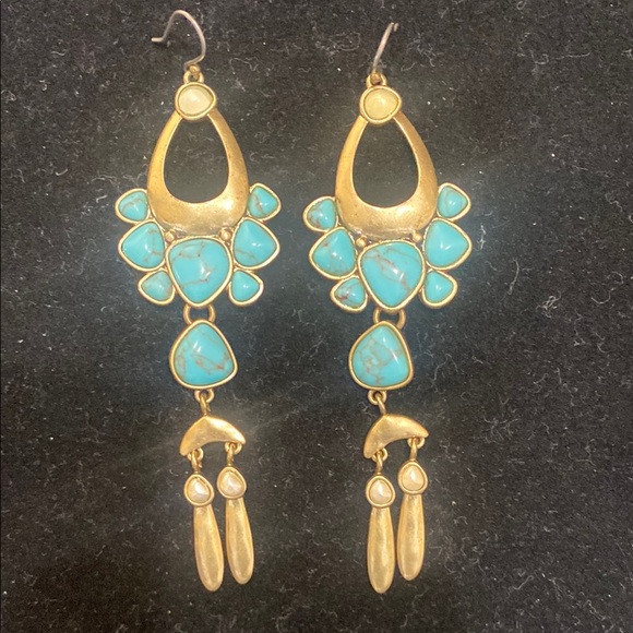 Elegant Gold and Turquoise Dangle Earrings - Picture 3 of 4